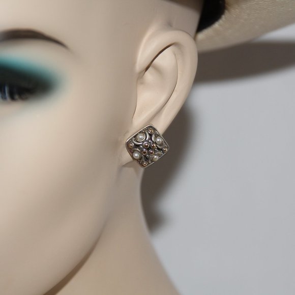 John Hardy Jaisalmer 18k Gold Sterling Silver Pearl Dot Square Earrings. RARE - Picture 7 of 12
